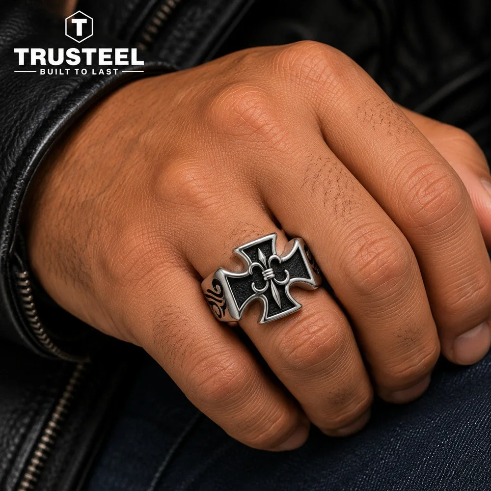 Men’s Stainless Steel Gothic Cross Ring Biker Punk Signet Black Enamel Size 10